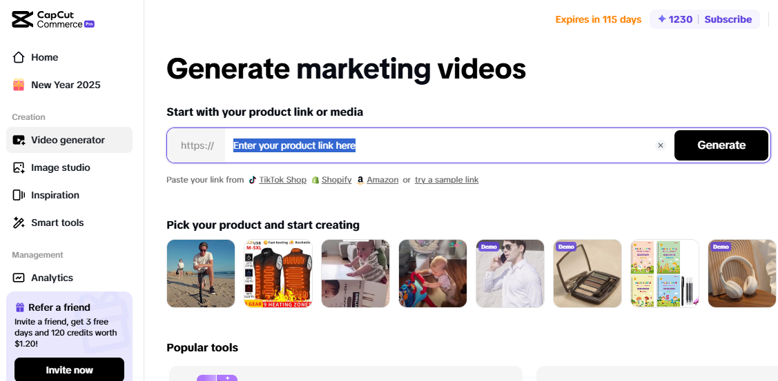 CapCut Commerce Pro video generator for creating marketing videos to start a dropshipping store with product links.